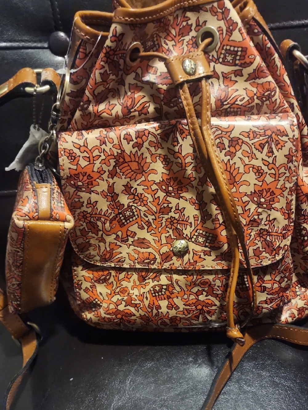PATRICA NASH Orange Floral Drawstring Bucket Bag with Tan Trim. Wallet Included. - Picture 9 of 10